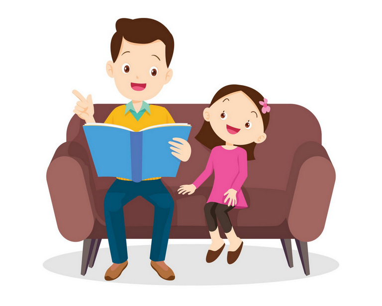 Ayah dan Ani membaca buku bersama di sofa